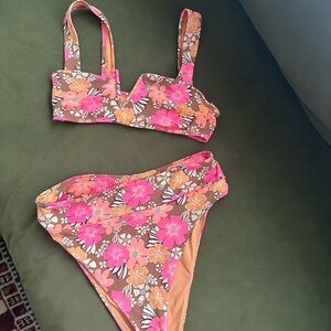 Aerie Floral Bikini Set in Pink and Brown